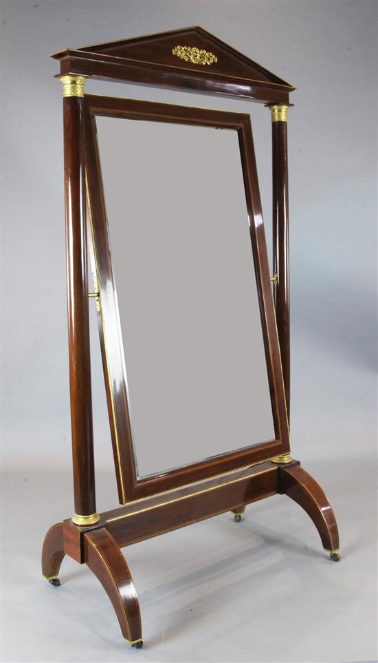 A Charles X ormolu mounted mahogany cheval mirror, W.3ft 5in. H.6ft 5in.